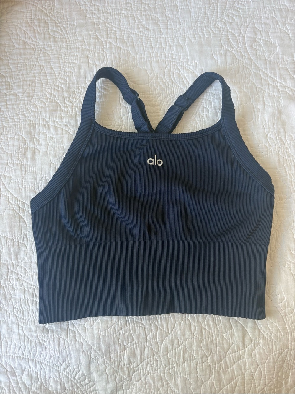 ALO Yoga Ribbed High Neck Sports Bra — Navy Blue